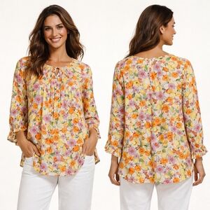 DEMOCRACY Blouse Womens Plus 1X Yellow Orange Floral Cotton Boho Cottagecore